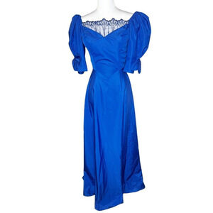Vintage 1980's ILGWU Blue Evening Gown Prom Dress Sweeping Prairie Puff Sleeve